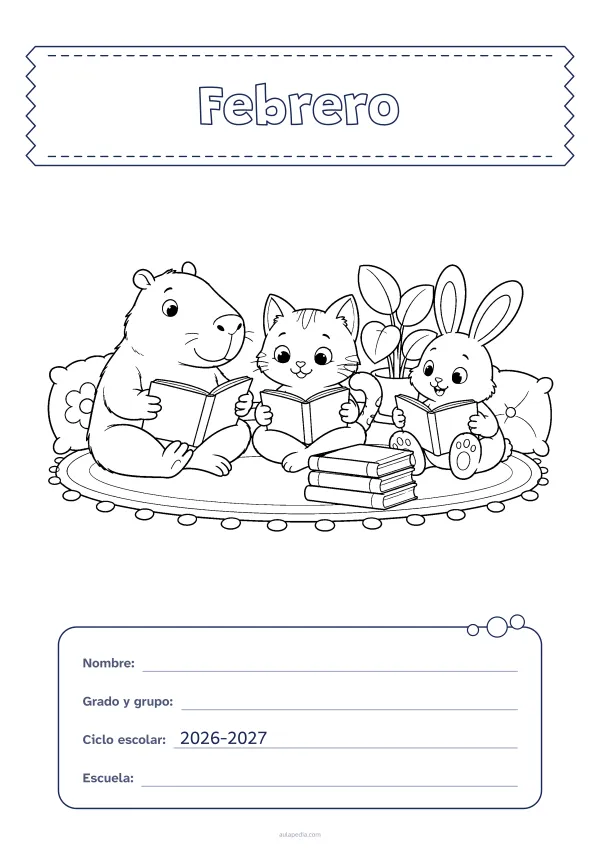 Portada de «Febrero» para colorear, con el título sobre una cinta de tela y los datos en una tarjeta. Dibujo: un capibara, un gato y un conejo que leen juntos sobre una alfombra, con una pila de libros, cojines y una planta.