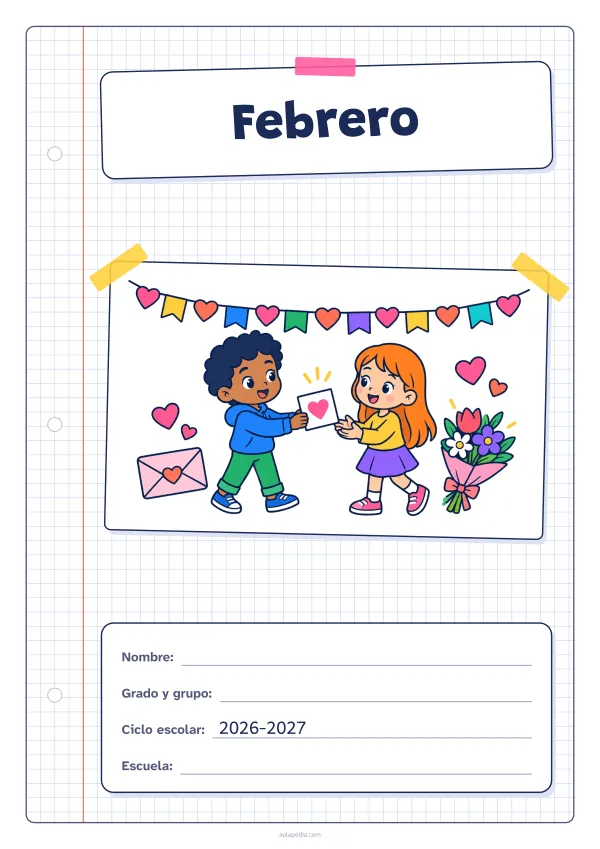 Portada de «Febrero» a color, con una hoja cuadriculada con margen, el título en un cartel y el dibujo pegado como una foto. Dibujo: una guirnalda de banderines y corazones, un niño que le da a una niña una tarjeta con un corazón, un sobre con sello de corazón y un ramo de flores.