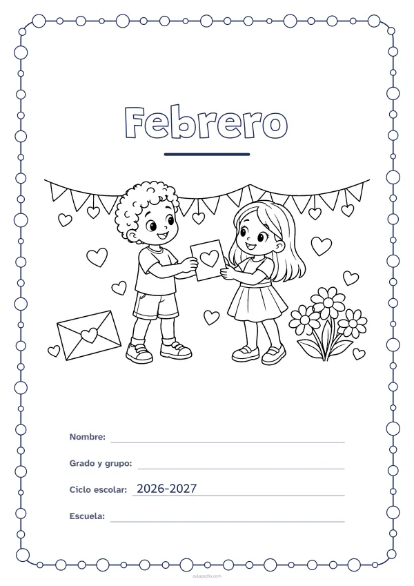 Portada de «Febrero» para colorear, con un marco redondeado de gomets de varios tamaños. Dibujo: una guirnalda de banderines con corazones colgantes, un niño y una niña que sostienen una tarjeta con un corazón, un sobre con sello de corazón, tres flores y corazones sueltos.