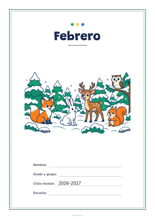 Portada de «Febrero» a color, con un marco fino de doble línea y mucho blanco. Dibujo: un bosque nevado con un zorro, una liebre, un búho, un ciervo y una ardilla.