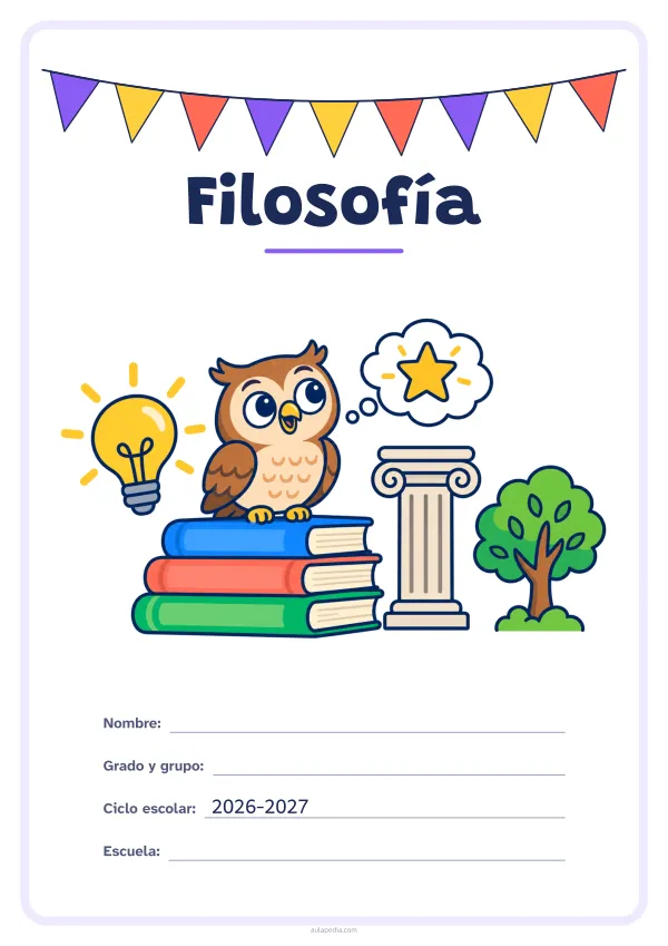 Portada de «Filosofía» a color, con una guirnalda de banderines sobre el título. Dibujo: un búho posado en una pila de libros, una bombilla encendida, una columna, un globo de pensamiento con una estrella y un árbol.