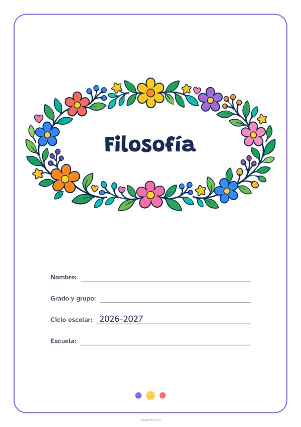Portada de «Filosofía» a color, con el título dentro de una corona de hojas y flores. Dibujo: una corona ovalada de hojas, flores, estrellas y corazones, con el centro vacío para el título.