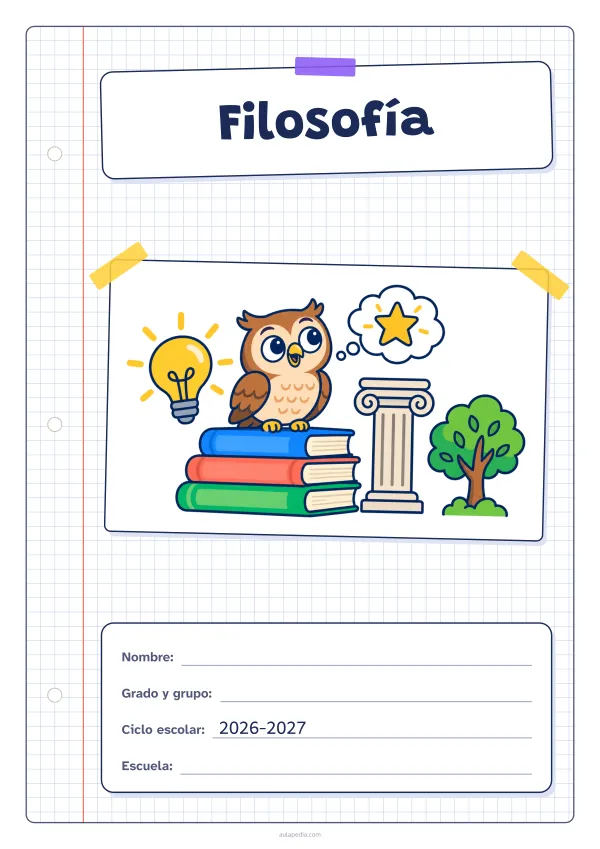 Portada de «Filosofía» a color, con una hoja cuadriculada con margen, el título en un cartel y el dibujo pegado como una foto. Dibujo: un búho posado en una pila de libros, una bombilla encendida, una columna, un globo de pensamiento con una estrella y un árbol.
