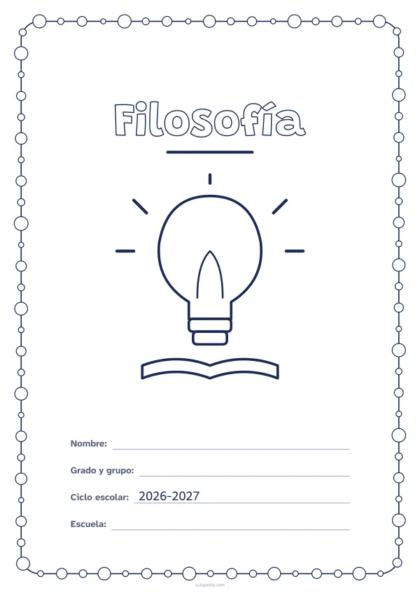 Portada de «Filosofía» para colorear, con un marco redondeado de gomets de varios tamaños. Dibujo: una bombilla encendida sobre un libro.
