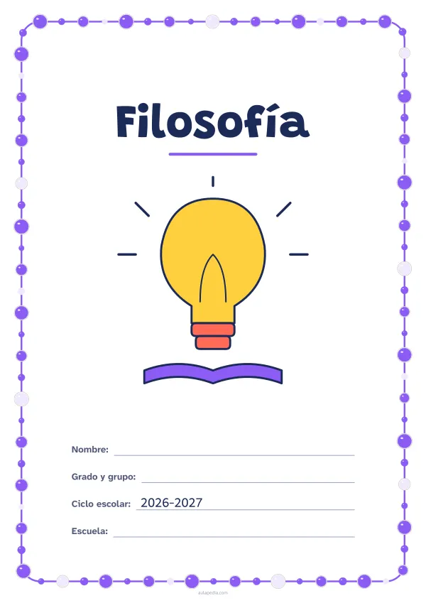 Portada de «Filosofía» a color, con un marco redondeado de gomets de varios tamaños. Dibujo: una bombilla encendida sobre un libro.