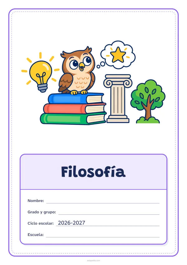 Portada de «Filosofía» a color, con el dibujo arriba y, debajo, una gran etiqueta escolar con el título y los datos. Dibujo: un búho posado en una pila de libros, una bombilla encendida, una columna, un globo de pensamiento con una estrella y un árbol.