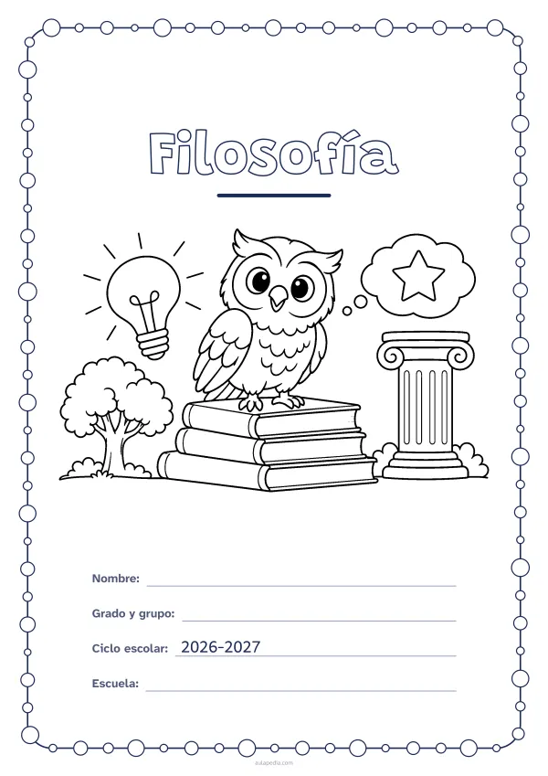 Portada de «Filosofía» para colorear, con un marco redondeado de gomets de varios tamaños. Dibujo: un búho posado en una pila de libros, una bombilla encendida, una columna, un globo de pensamiento con una estrella y un árbol.