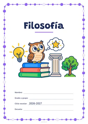 Portada de «Filosofía» a color, con un marco redondeado de gomets de varios tamaños. Dibujo: un búho posado en una pila de libros, una bombilla encendida, una columna, un globo de pensamiento con una estrella y un árbol.