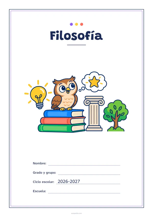 Portada de «Filosofía» a color, con un marco fino de doble línea y mucho blanco. Dibujo: un búho posado en una pila de libros, una bombilla encendida, una columna, un globo de pensamiento con una estrella y un árbol.