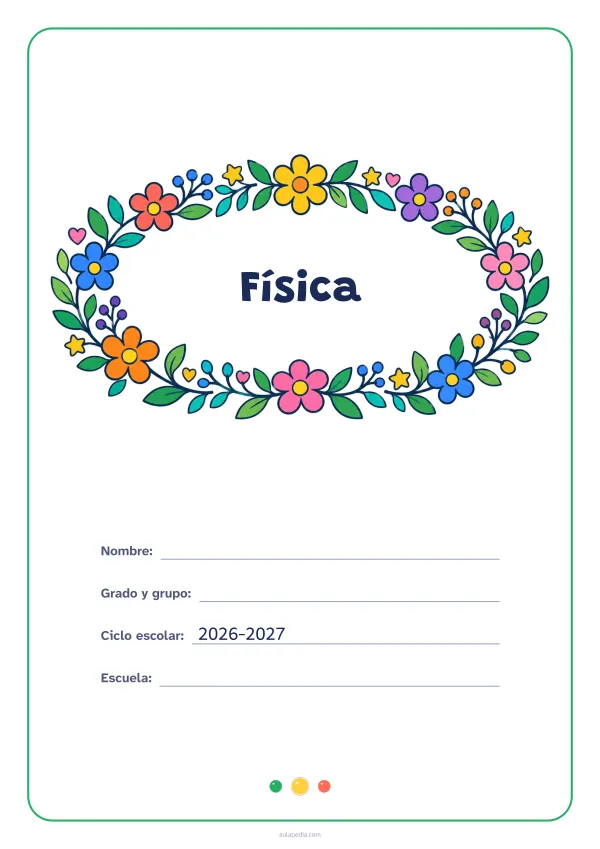 Portada de «Física» a color, con el título dentro de una corona de hojas y flores. Dibujo: una corona ovalada de hojas, flores, estrellas y corazones, con el centro vacío para el título.