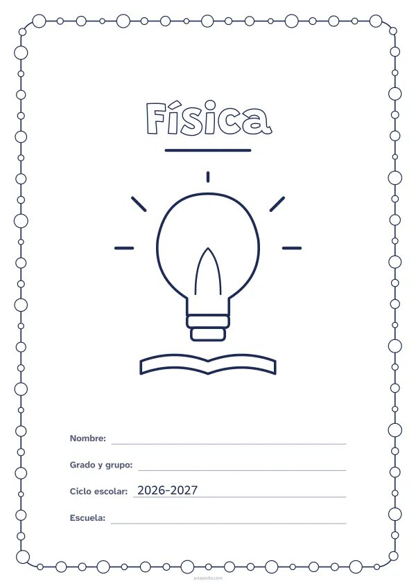 Portada de «Física» para colorear, con un marco redondeado de gomets de varios tamaños. Dibujo: una bombilla encendida sobre un libro.