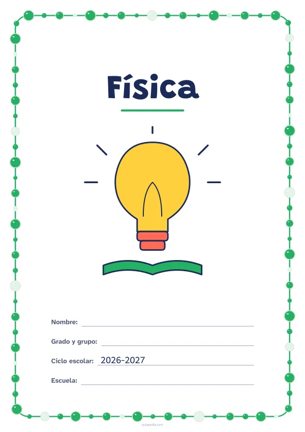 Portada de «Física» a color, con un marco redondeado de gomets de varios tamaños. Dibujo: una bombilla encendida sobre un libro.