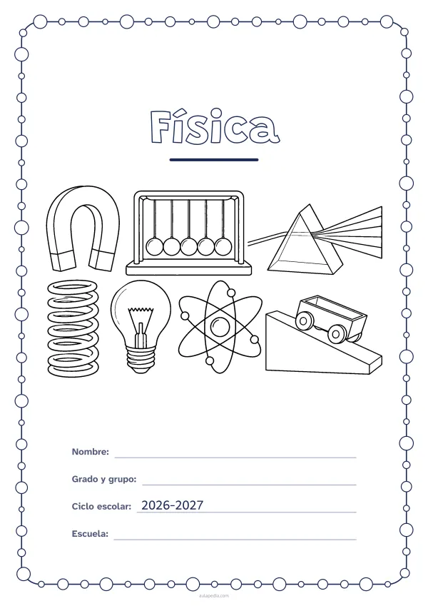 Portada de «Física» para colorear, con un marco redondeado de gomets de varios tamaños. Dibujo: un imán, un péndulo de cinco bolas, un prisma que descompone la luz, un resorte, una bombilla, un modelo de átomo y un carrito en un plano inclinado.