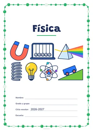 Portada de «Física» a color, con un marco redondeado de gomets de varios tamaños. Dibujo: un imán, un péndulo de cinco bolas, un prisma que descompone la luz, un resorte, una bombilla, un modelo de átomo y un carrito en un plano inclinado.