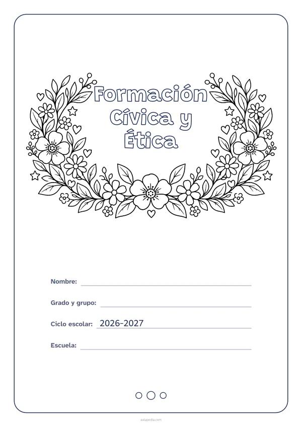 Portada de «Formación Cívica y Ética» para colorear, con el título dentro de una corona de hojas y flores. Dibujo: una corona de hojas, flores, estrellas y corazones, abierta por arriba y con el centro vacío para el título.