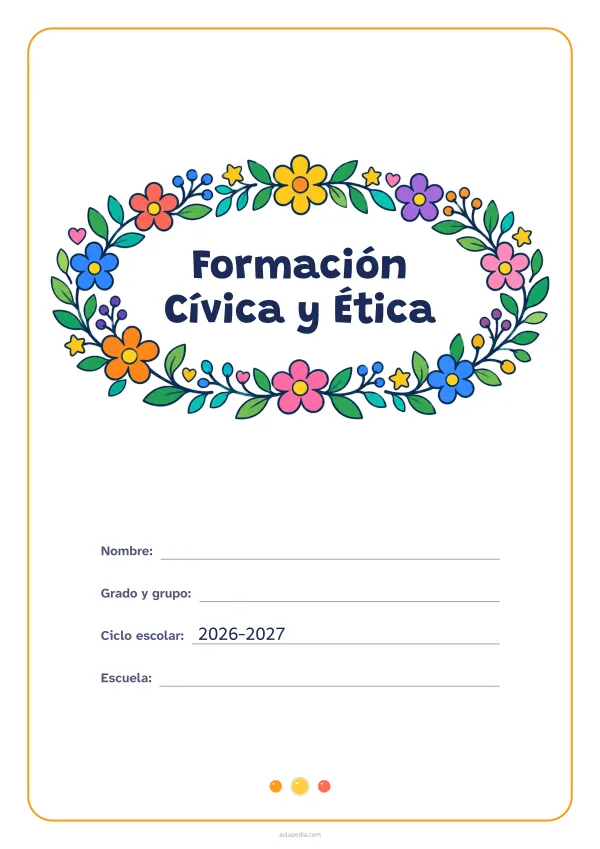 Portada de «Formación Cívica y Ética» a color, con el título dentro de una corona de hojas y flores. Dibujo: una corona ovalada de hojas, flores, estrellas y corazones, con el centro vacío para el título.