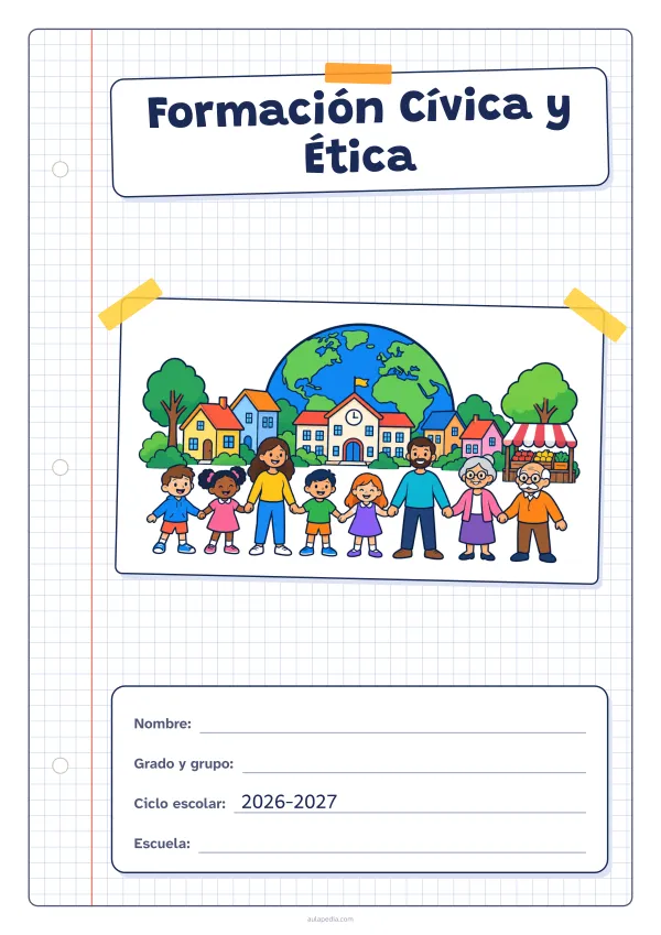Portada de «Formación Cívica y Ética» a color, con una hoja cuadriculada con margen, el título en un cartel y el dibujo pegado como una foto. Dibujo: un pueblo con casas, una escuela y un puesto de mercado, ocho vecinos de todas las edades tomados de la mano y, detrás, el planeta Tierra.