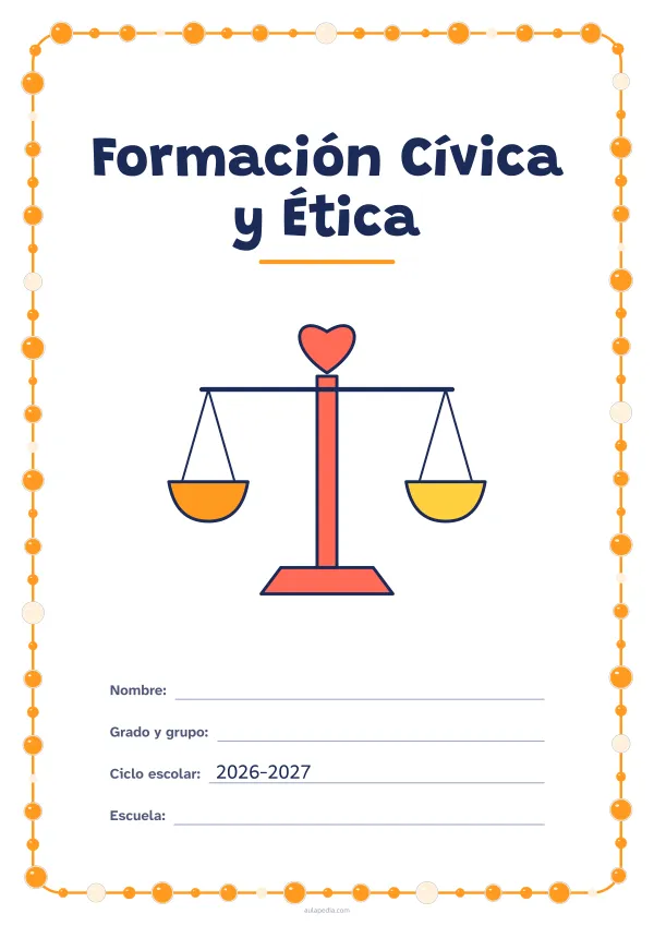 Portada de «Formación Cívica y Ética» a color, con un marco redondeado de gomets de varios tamaños. Dibujo: una balanza con un corazón.