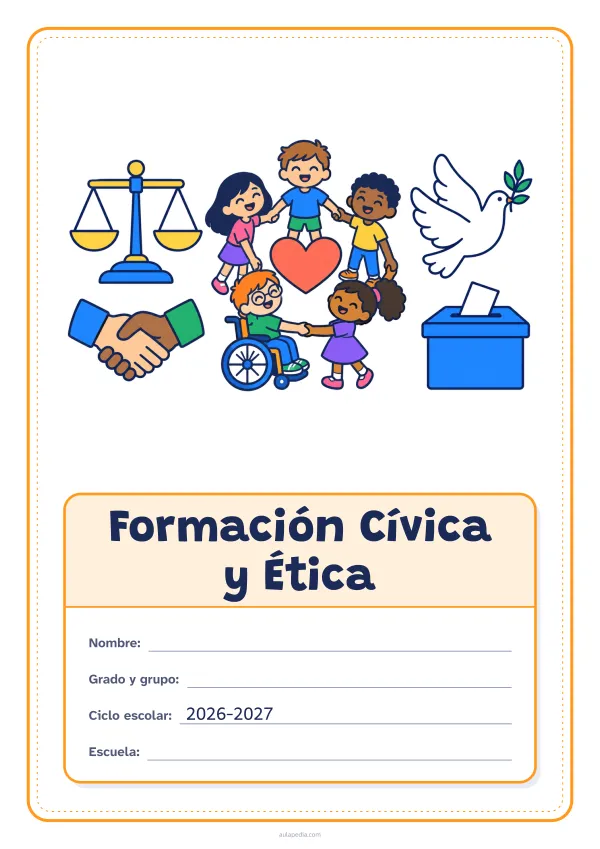 Portada de «Formación Cívica y Ética» a color, con el dibujo arriba y, debajo, una gran etiqueta escolar con el título y los datos. Dibujo: una balanza, dos manos que se estrechan, cinco niñas y niños en corro alrededor de un corazón (uno de ellos, en silla de ruedas), una paloma y una urna con una papeleta.