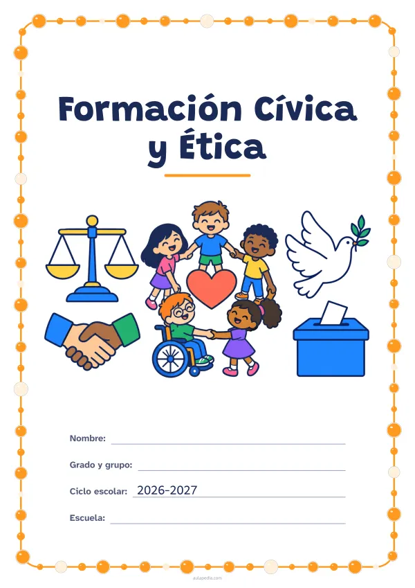 Portada de «Formación Cívica y Ética» a color, con un marco redondeado de gomets de varios tamaños. Dibujo: una balanza, dos manos que se estrechan, cinco niñas y niños en corro alrededor de un corazón (uno de ellos, en silla de ruedas), una paloma y una urna con una papeleta.
