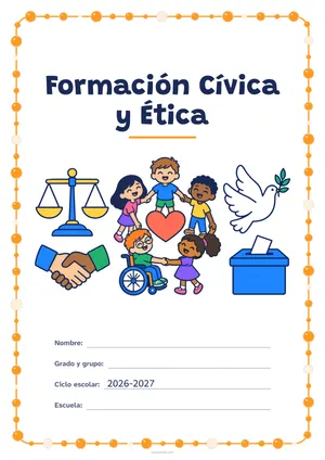 Portada de «Formación Cívica y Ética» a color, con un marco redondeado de gomets de varios tamaños. Dibujo: una balanza, dos manos que se estrechan, cinco niñas y niños en corro alrededor de un corazón (uno de ellos, en silla de ruedas), una paloma y una urna con una papeleta.