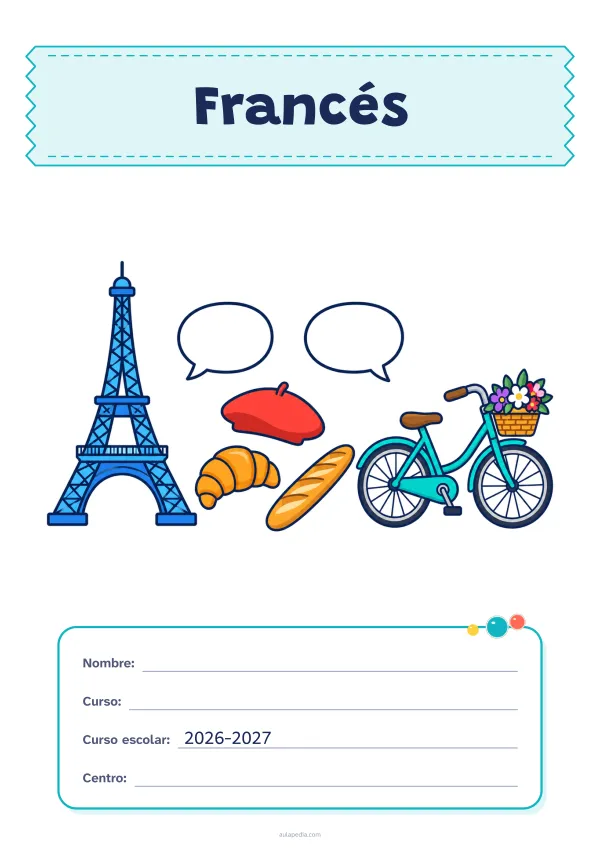 Portada de «Francés» a color, con el título sobre una cinta de tela y los datos en una tarjeta. Dibujo: una torre de hierro, un cruasán, una barra de pan, una boina, una bicicleta con una cesta de flores y dos globos de diálogo.