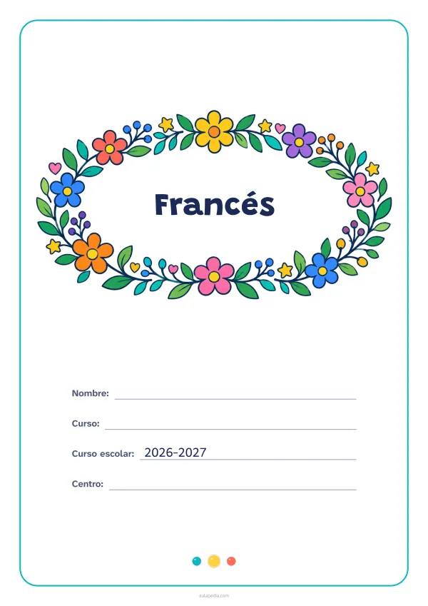 Portada de «Francés» a color, con el título dentro de una corona de hojas y flores. Dibujo: una corona ovalada de hojas, flores, estrellas y corazones, con el centro vacío para el título.