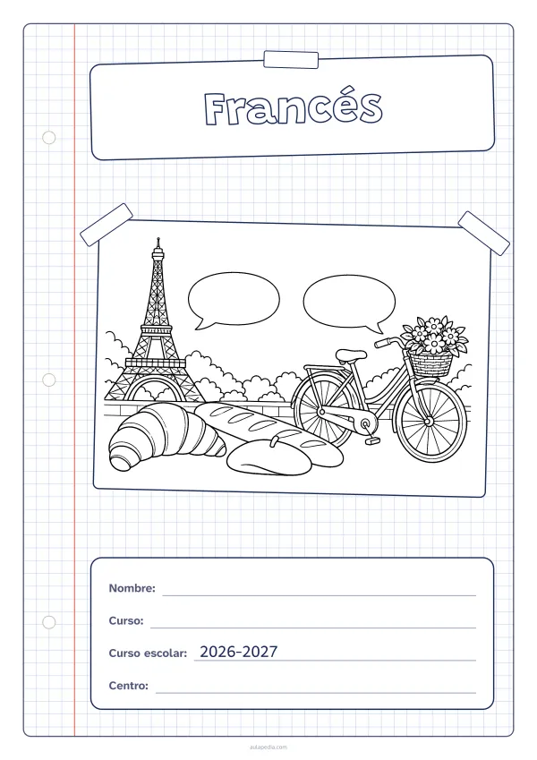 Portada de «Francés» para colorear, con una hoja cuadriculada con margen, el título en un cartel y el dibujo pegado como una foto. Dibujo: una torre de hierro, un cruasán, una barra de pan, una boina, una bicicleta con una cesta de flores y dos globos de diálogo.