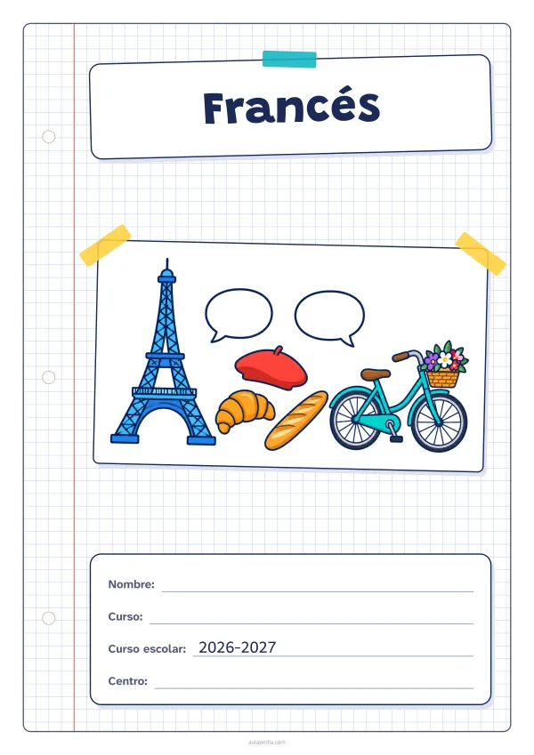 Portada de «Francés» a color, con una hoja cuadriculada con margen, el título en un cartel y el dibujo pegado como una foto. Dibujo: una torre de hierro, un cruasán, una barra de pan, una boina, una bicicleta con una cesta de flores y dos globos de diálogo.