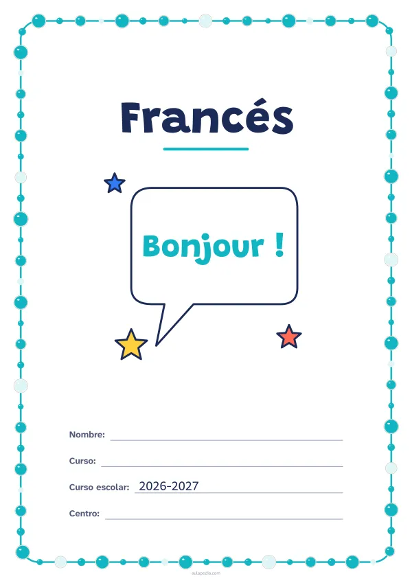 Portada de «Francés» a color, con un marco redondeado de gomets de varios tamaños. Dibujo: un globo de diálogo con un saludo y tres estrellas.