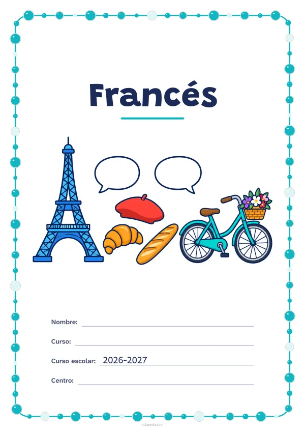 Portada de «Francés» a color, con un marco redondeado de gomets de varios tamaños. Dibujo: una torre de hierro, un cruasán, una barra de pan, una boina, una bicicleta con una cesta de flores y dos globos de diálogo.