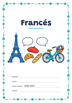 Portada de «Francés» a color, con un marco redondeado de gomets de varios tamaños. Dibujo: una torre de hierro, un cruasán, una barra de pan, una boina, una bicicleta con una cesta de flores y dos globos de diálogo.