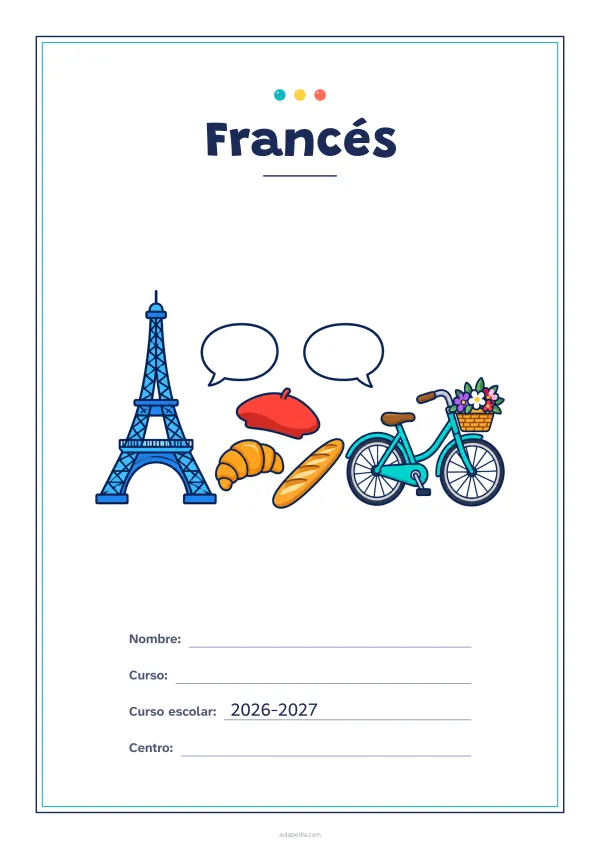 Portada de «Francés» a color, con un marco fino de doble línea y mucho blanco. Dibujo: una torre de hierro, un cruasán, una barra de pan, una boina, una bicicleta con una cesta de flores y dos globos de diálogo.