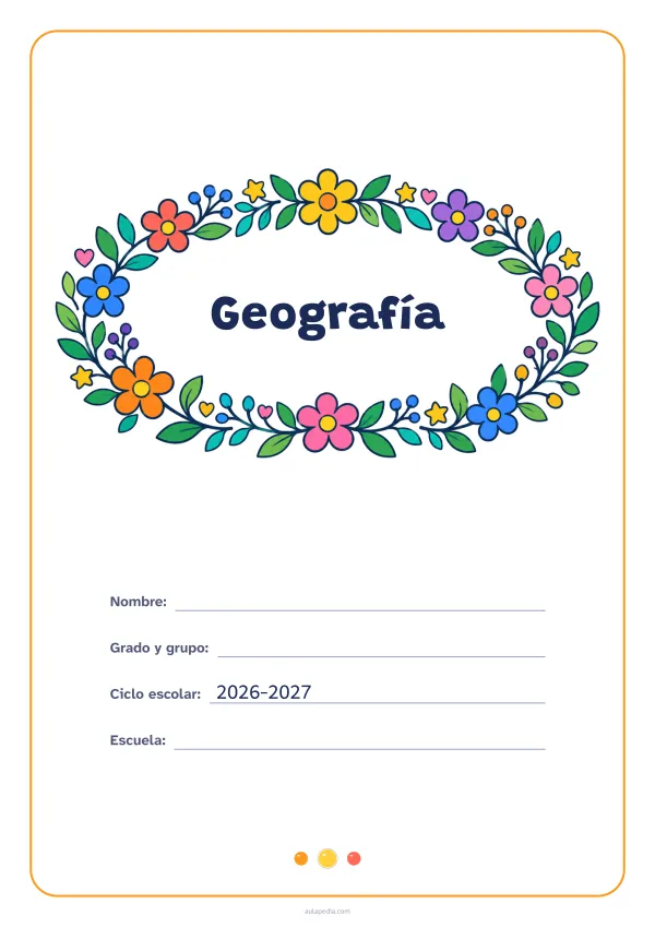 Portada de «Geografía» a color, con el título dentro de una corona de hojas y flores. Dibujo: una corona ovalada de hojas, flores, estrellas y corazones, con el centro vacío para el título.