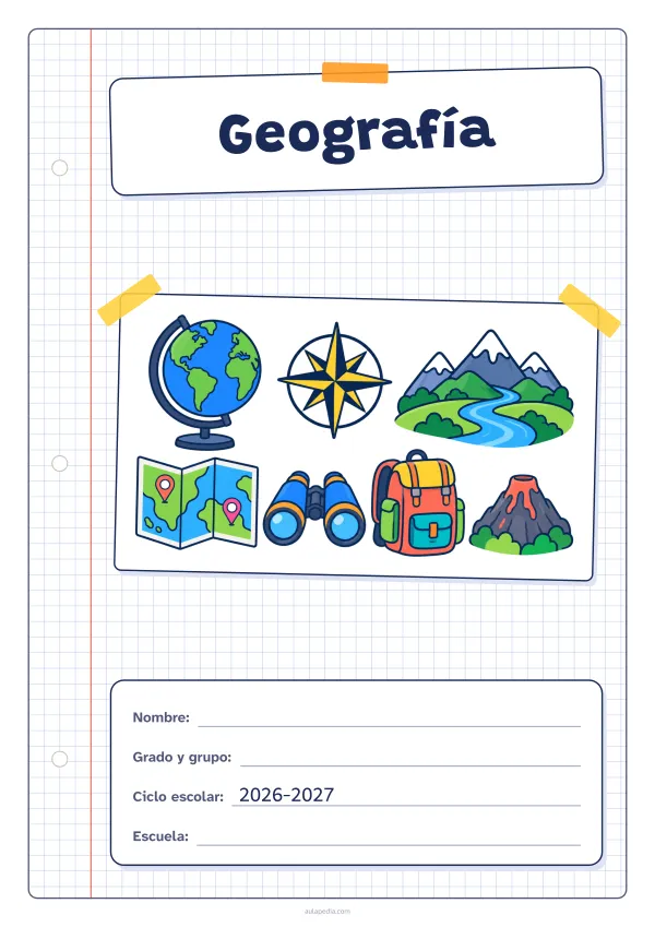 Portada de «Geografía» a color, con una hoja cuadriculada con margen, el título en un cartel y el dibujo pegado como una foto. Dibujo: un globo terráqueo, una rosa de los vientos, montañas con un río, un mapa con dos marcadores, unos prismáticos, una mochila y un volcán.