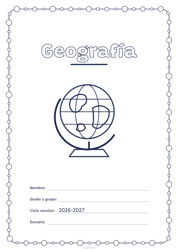 Portada de «Geografía» para colorear, con un marco redondeado de gomets de varios tamaños. Dibujo: un globo terráqueo.