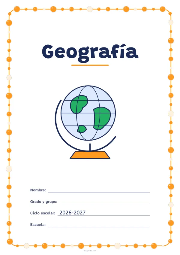 Portada de «Geografía» a color, con un marco redondeado de gomets de varios tamaños. Dibujo: un globo terráqueo.