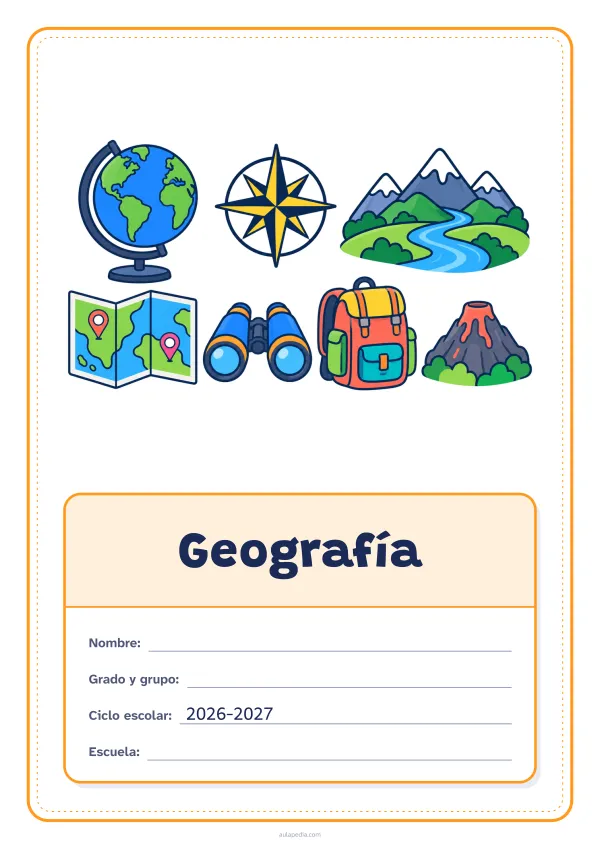 Portada de «Geografía» a color, con el dibujo arriba y, debajo, una gran etiqueta escolar con el título y los datos. Dibujo: un globo terráqueo, una rosa de los vientos, montañas con un río, un mapa con dos marcadores, unos prismáticos, una mochila y un volcán.