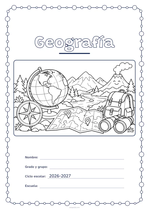Portada de «Geografía» para colorear, con un marco redondeado de gomets de varios tamaños. Dibujo: un globo terráqueo, una rosa de los vientos, montañas con un río, un mapa con dos marcadores, unos prismáticos, una mochila y un volcán.
