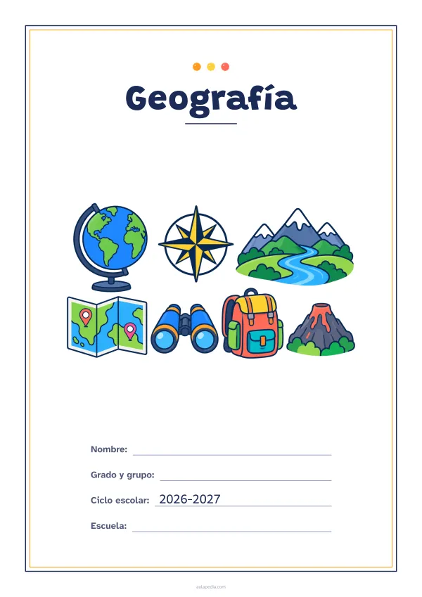 Portada de «Geografía» a color, con un marco fino de doble línea y mucho blanco. Dibujo: un globo terráqueo, una rosa de los vientos, montañas con un río, un mapa con dos marcadores, unos prismáticos, una mochila y un volcán.