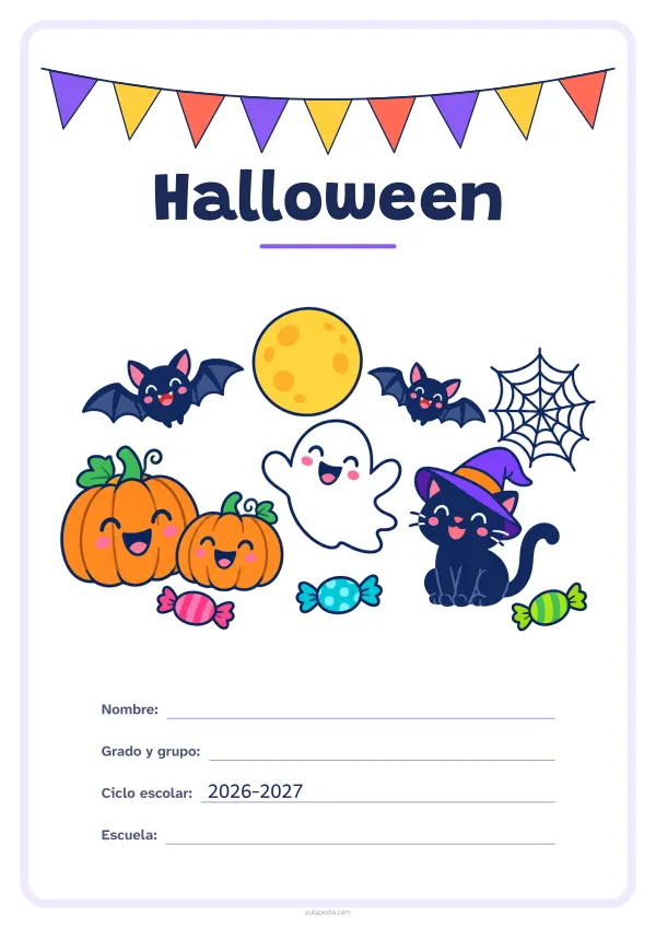 Portada de «Halloween» a color, con una guirnalda de banderines sobre el título. Dibujo: calabazas sonrientes, un fantasma simpático, dos murciélagos, un gato con sombrero de bruja, una telaraña y caramelos bajo la luna llena.