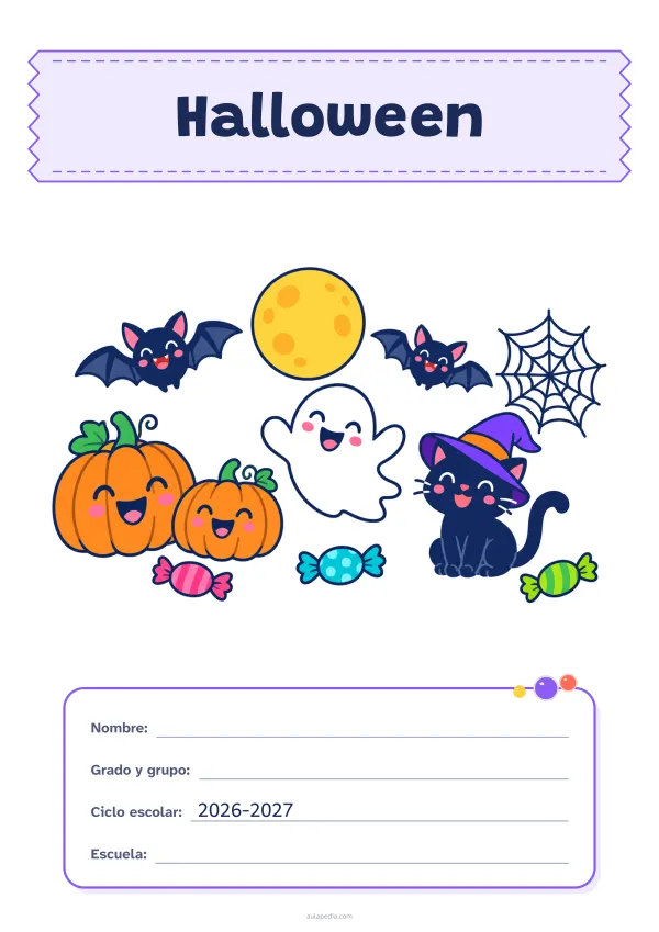 Portada de «Halloween» a color, con el título sobre una cinta de tela y los datos en una tarjeta. Dibujo: calabazas sonrientes, un fantasma simpático, dos murciélagos, un gato con sombrero de bruja, una telaraña y caramelos bajo la luna llena.