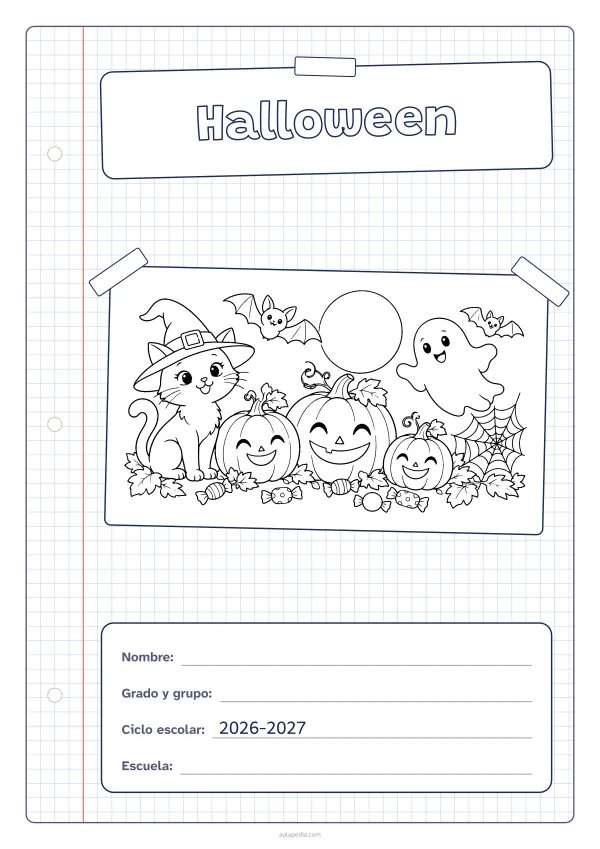 Portada de «Halloween» para colorear, con una hoja cuadriculada con margen, el título en un cartel y el dibujo pegado como una foto. Dibujo: calabazas sonrientes, un fantasma simpático, dos murciélagos, un gato con sombrero de bruja, una telaraña y caramelos bajo la luna llena.