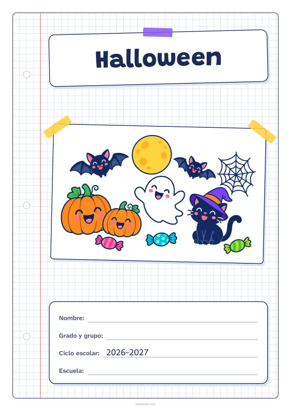 Portada de «Halloween» a color, con una hoja cuadriculada con margen, el título en un cartel y el dibujo pegado como una foto. Dibujo: calabazas sonrientes, un fantasma simpático, dos murciélagos, un gato con sombrero de bruja, una telaraña y caramelos bajo la luna llena.