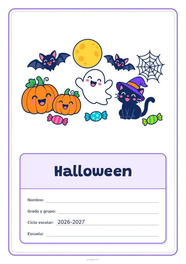 Portada de «Halloween» a color, con el dibujo arriba y, debajo, una gran etiqueta escolar con el título y los datos. Dibujo: calabazas sonrientes, un fantasma simpático, dos murciélagos, un gato con sombrero de bruja, una telaraña y caramelos bajo la luna llena.