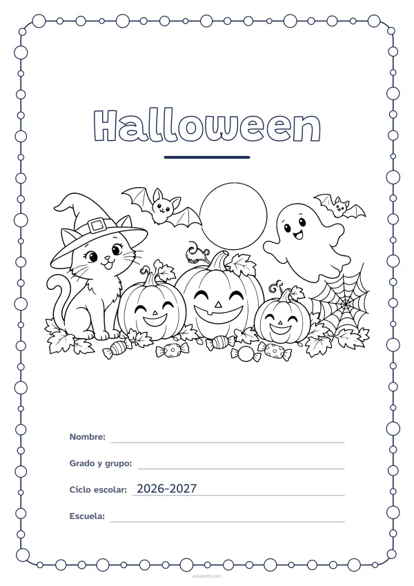 Portada de «Halloween» para colorear, con un marco redondeado de gomets de varios tamaños. Dibujo: calabazas sonrientes, un fantasma simpático, dos murciélagos, un gato con sombrero de bruja, una telaraña y caramelos bajo la luna llena.