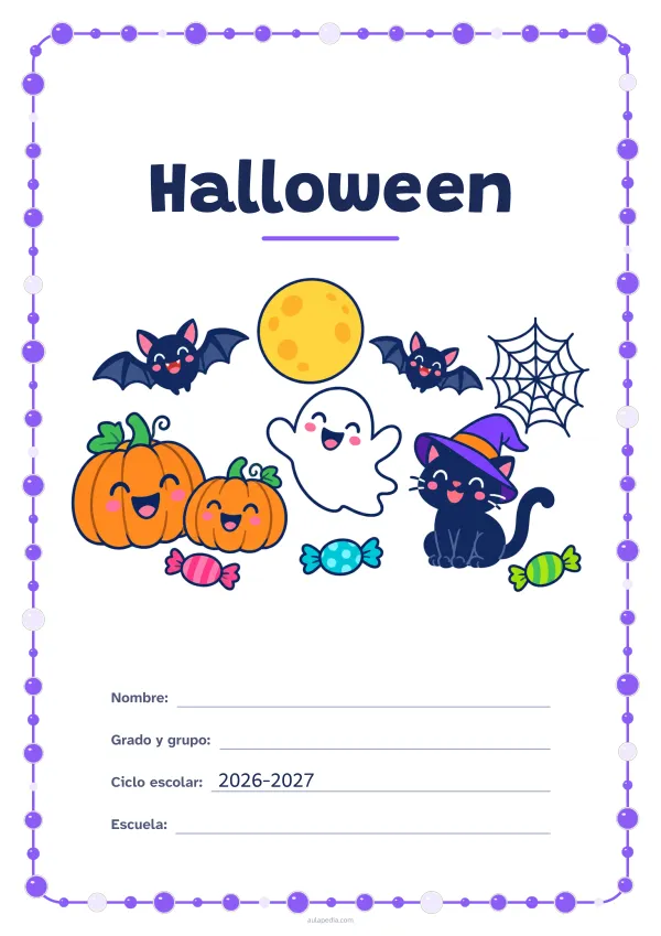Portada de «Halloween» a color, con un marco redondeado de gomets de varios tamaños. Dibujo: calabazas sonrientes, un fantasma simpático, dos murciélagos, un gato con sombrero de bruja, una telaraña y caramelos bajo la luna llena.
