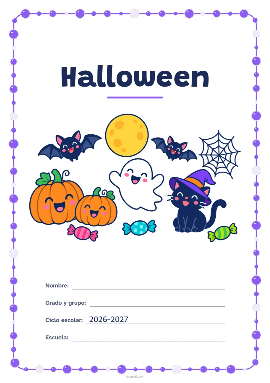 Portada de «Halloween» a color, con un marco redondeado de gomets de varios tamaños. Dibujo: calabazas sonrientes, un fantasma simpático, dos murciélagos, un gato con sombrero de bruja, una telaraña y caramelos bajo la luna llena.