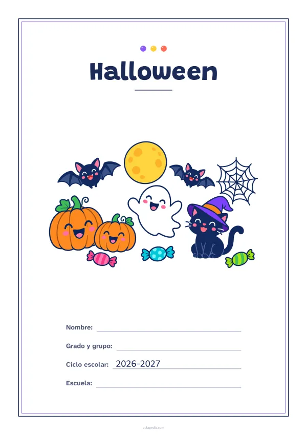 Portada de «Halloween» a color, con un marco fino de doble línea y mucho blanco. Dibujo: calabazas sonrientes, un fantasma simpático, dos murciélagos, un gato con sombrero de bruja, una telaraña y caramelos bajo la luna llena.