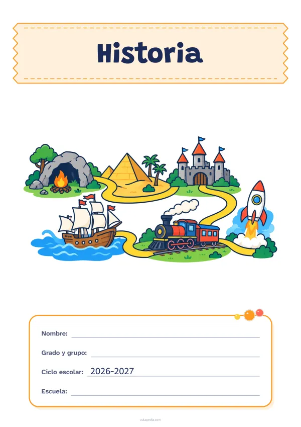 Portada de «Historia» a color, con el título sobre una cinta de tela y los datos en una tarjeta. Dibujo: un camino que recorre la historia: de una cueva con una hoguera a una pirámide, un castillo, un barco de vela, un tren de vapor y un cohete.